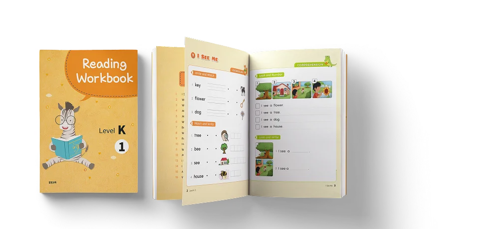 K 레벨 Reading Workbook 표지와 내지 미리보기